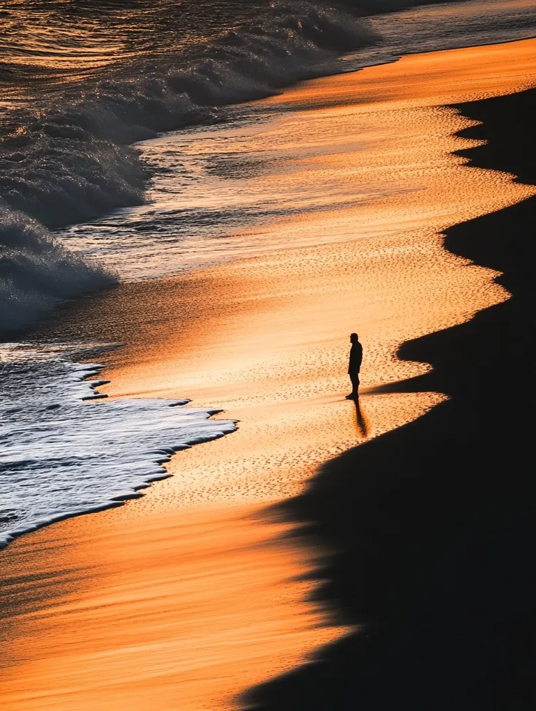 A solitary figure stands silhouetted on a dark beach at sunset.  The waves gently lap the shore, creating a dramatic contrast between the cool, white foam and the warm, golden sand illuminated by the setting sun.  The light casts long shadows, emphasizing the tranquil solitude of the scene. The image evokes a sense of peace and quiet contemplation.