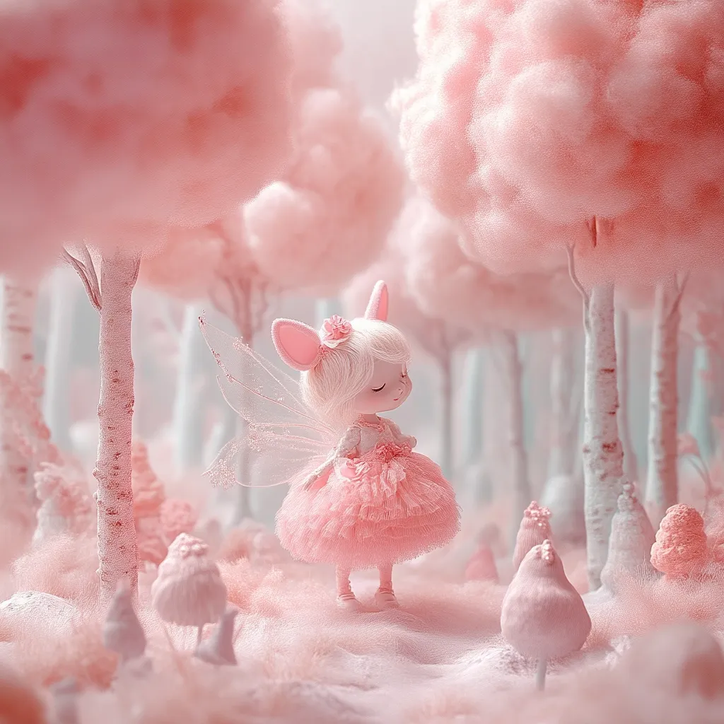 A charming fairy doll, with bunny-like ears and delicate pink wings, stands in a whimsical forest.  The trees are fluffy, cotton-candy-like formations in varying shades of pink.  The scene is soft and ethereal, evoking a dreamlike quality.  The fairy wears a layered tulle dress, adding to the overall delicate and magical atmosphere.