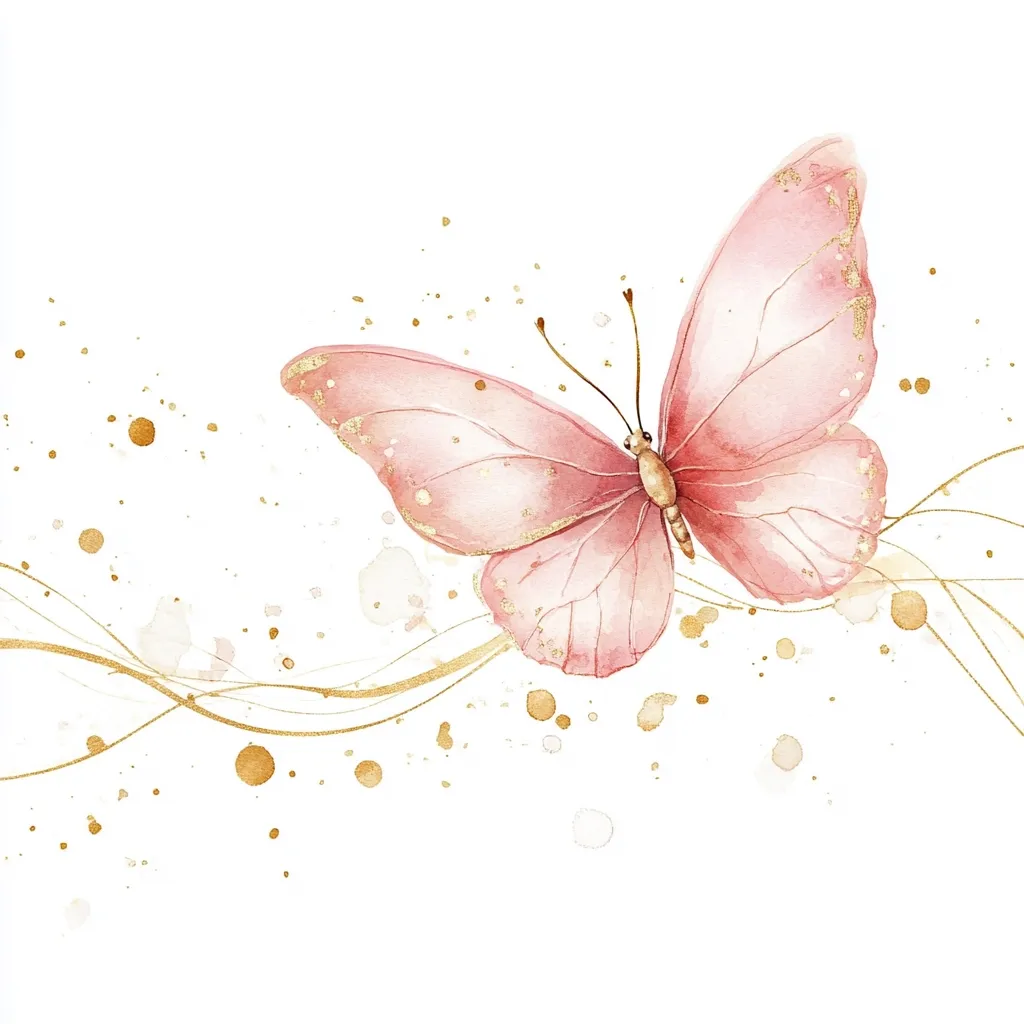 A delicate watercolor painting features a blush pink butterfly adorned with gold accents.  It gracefully floats against a white background, accompanied by flowing gold lines and scattered gold and blush-toned paint splatters, creating a whimsical and elegant design. The overall impression is one of lightness, beauty, and feminine charm.
