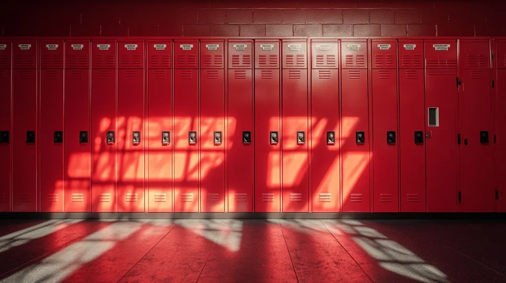 A row of bright red school lockers fills the frame, bathed in sunlight casting strong shadows on the floor.  The lockers are neatly aligned against a red brick wall.  The image evokes a sense of quiet stillness in a school hallway, possibly before or after school hours.  The vibrant color and sharp shadows create a striking visual contrast.