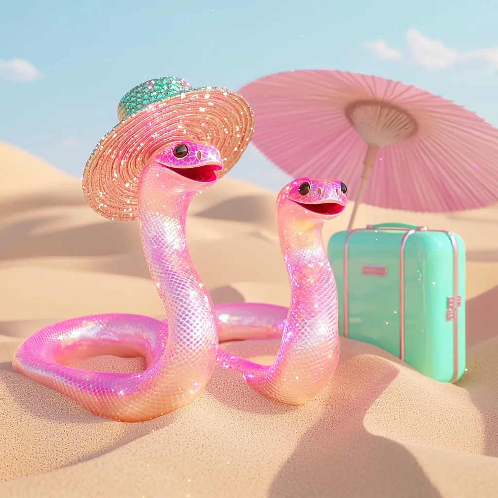 Two iridescent pink snakes, one wearing a sparkly hat, bask in the sun on a sandy beach.  A pastel pink parasol and a mint green suitcase sit nearby, suggesting a vacation scene. The snakes have cheerful expressions, enhancing the whimsical and playful mood of the image. The overall aesthetic is dreamy and pastel-colored.
