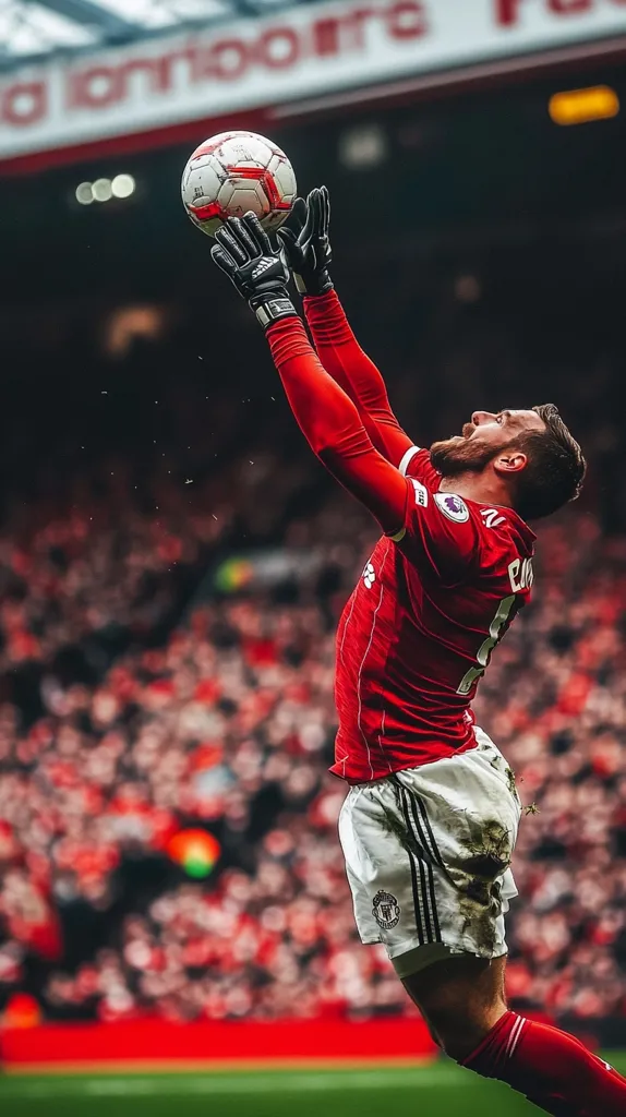 A Manchester United goalkeeper, in a red jersey and white shorts, leaps to catch a soccer ball.  His arms are extended upwards, gloves securely grasping the ball. The background is blurred, showing a densely packed stadium of red-clad fans. Mud stains on his shorts suggest a hard-fought match. The image captures the intensity and excitement of a pivotal moment in the game.