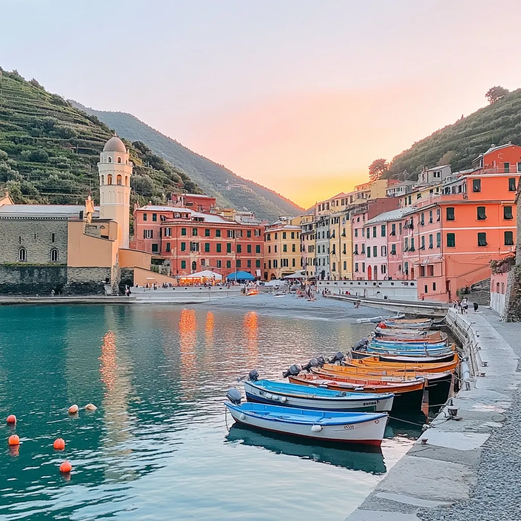 A picturesque coastal village nestled between hillsides, bathed in the warm glow of sunset. Colorful buildings line the waterfront, where a row of brightly painted boats gently bob in the calm water.  A stone church stands prominently, reflecting in the tranquil sea. The scene evokes a sense of serenity and idyllic Italian charm.