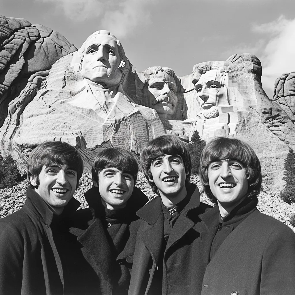 A black and white photograph shows the Beatles—John, Paul, George, and Ringo—standing in front of Mount Rushmore.  The four band members are dressed in dark overcoats, smiling at the camera.  The monumental stone faces of four U.S. presidents are prominently featured in the background.  The image is stark and contrasts the modern music icons with the historical American figures.
