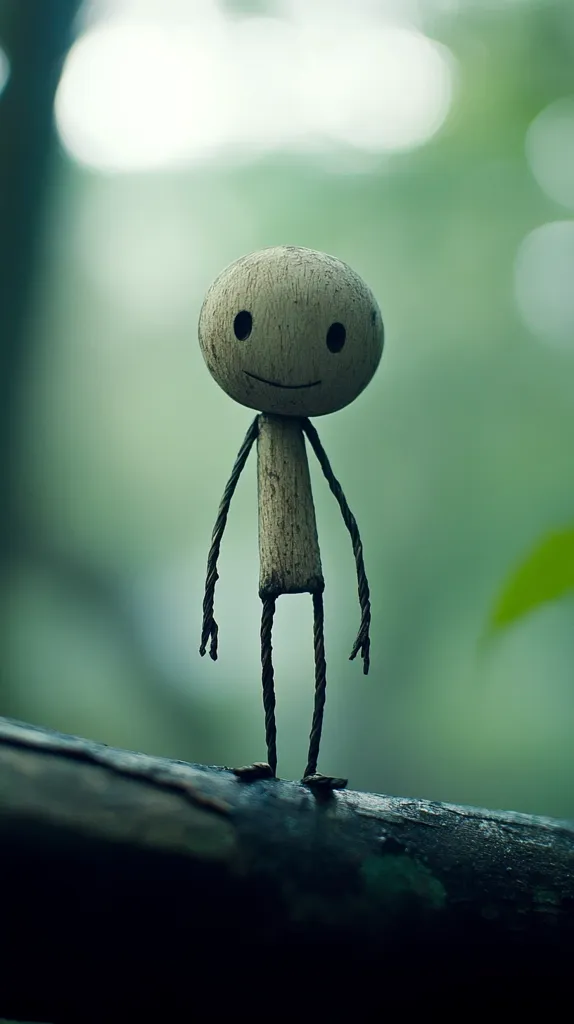 A small, whimsical wooden figurine stands on a dark, damp log.  Its round head features a simple, smiling face, and its limbs are made of dark wire. The background is blurred, showcasing a soft, green bokeh suggesting a natural outdoor setting. The overall mood is serene and slightly melancholic. The figurine appears handmade and rustic.