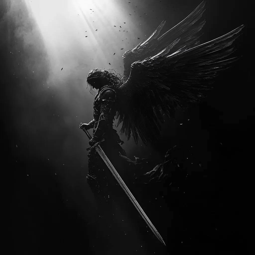 A monochromatic illustration depicts a fallen angel, or dark angel, silhouetted against a shadowy background.  The figure, clad in armor, holds a large sword.  Massive, dark wings extend behind, suggesting power and a somber mood.  A beam of light pierces the darkness, illuminating the angel and highlighting the details of the wings and armor.  The overall atmosphere is one of mystery and brooding intensity.