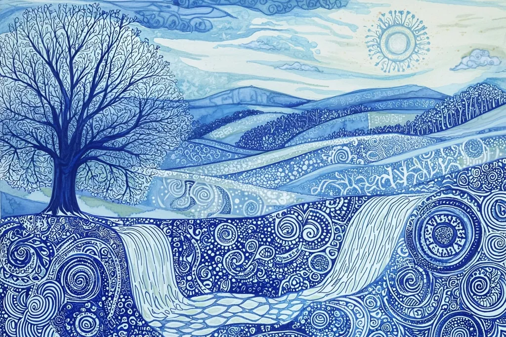 A serene watercolor painting depicts a whimsical blue landscape.  A detailed, bare tree stands prominently in the foreground, overlooking rolling hills adorned with intricate swirling patterns.  A waterfall cascades down into a stylized stream, flowing through the patterned hills.  The sky above is a light blue, featuring a stylized sun, creating a peaceful and fantastical atmosphere. The artwork is predominantly in shades of blue, with white accents adding depth and texture.