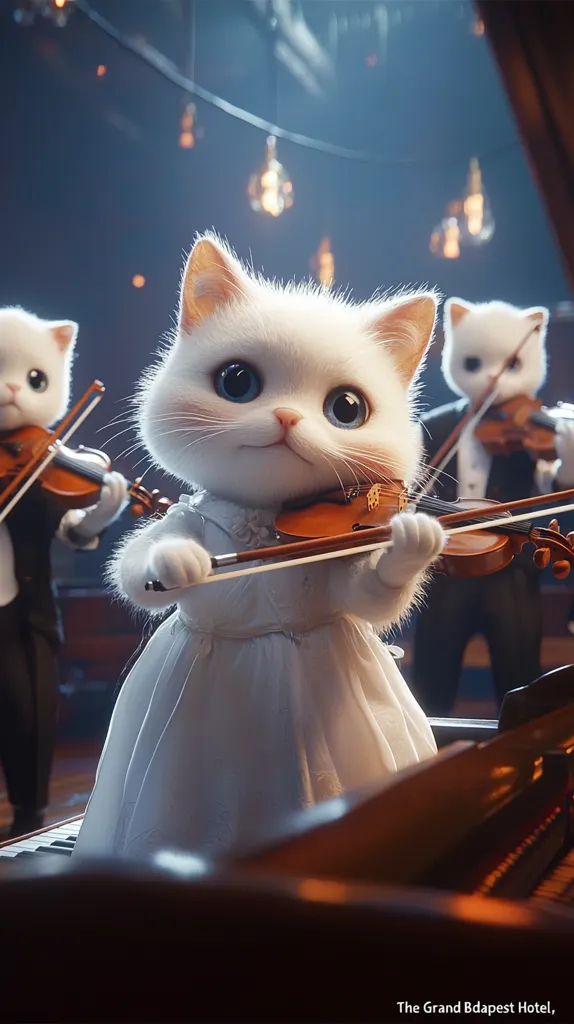 Three adorable white kittens, dressed in formal attire, play violins in a dimly lit hall.  The central kitten, wearing a white dress, is prominently featured, while the others flank her.  A grand piano sits in the foreground, suggesting a concert setting. The scene is beautifully rendered, creating a whimsical and charming image.