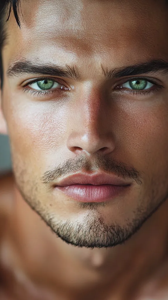 Close-up of a man's face, showcasing his intense gaze with striking green eyes.  His skin is smooth with a hint of stubble on his jawline.  The image focuses on his facial features, creating a portrait of raw masculinity and beauty.  The lighting highlights his complexion and the depth of his eyes.