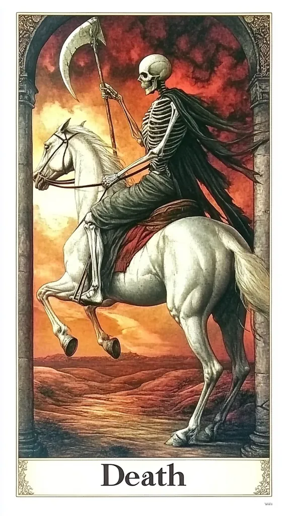 A skeletal figure, Death, sits atop a white horse, holding a scythe.  They are depicted against a fiery, sunset landscape, framed by an ornate archway. The image is dark and dramatic, conveying a sense of finality and the inevitability of death.  The horse is powerfully rendered, and the detail in the skeleton is striking. The overall style is evocative of classic depictions of the Grim Reaper. The word "Death" is prominently displayed beneath the image.
