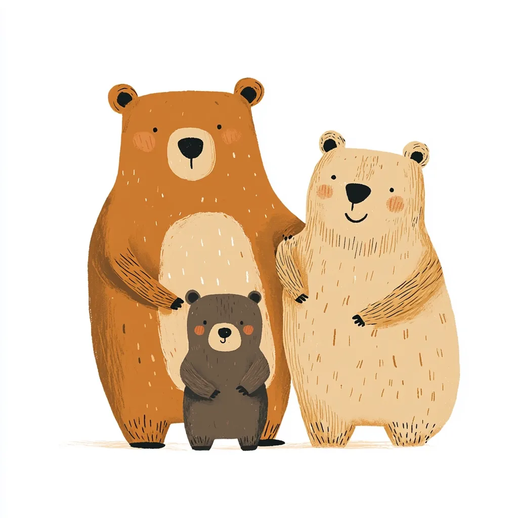 A charming illustration depicts a bear family. A large brown bear stands protectively beside a slightly smaller beige bear.  Between them, nestled safely, is a tiny dark brown bear cub.  The bears are drawn in a whimsical, textured style with soft, muted colors and simple features, conveying a sense of warmth and family togetherness.