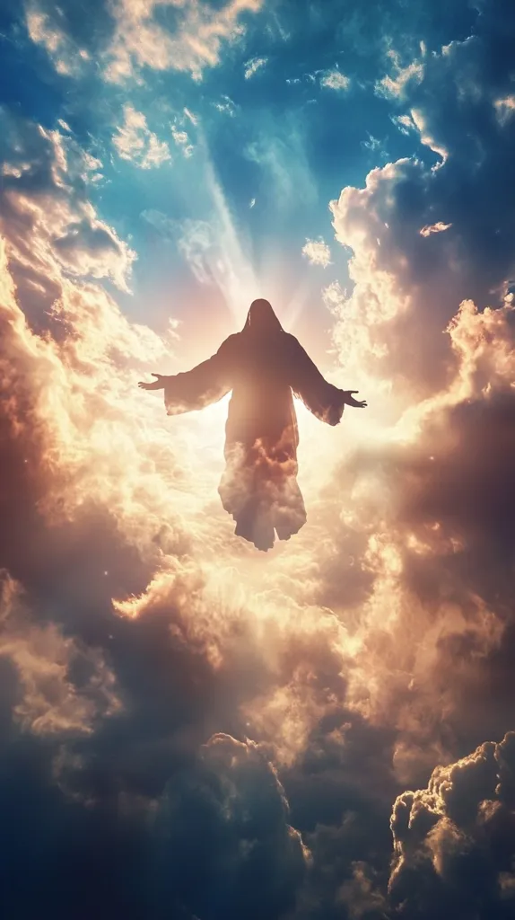 A silhouetted figure, resembling Jesus Christ, ascends through a dramatic, sunlit sky.  Arms outstretched, he appears to float amidst vibrant clouds, bathed in golden light.  The scene evokes a feeling of spiritual ascension and divine presence, with rays of light streaming from behind the figure.  The contrast between the dark silhouette and the bright sky is striking.