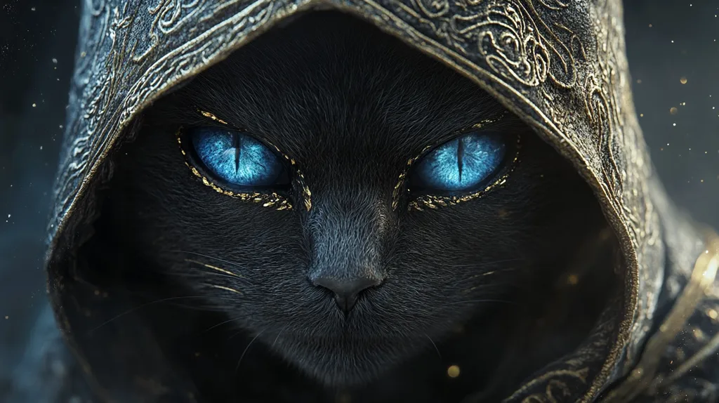 A close-up reveals a black cat, its piercing blue eyes accentuated by golden detailing around them.  The cat is shrouded in a dark, ornate hooded garment, suggesting a mystical or fantasy setting.  The image is rich in detail, with a focus on the cat's intense gaze and the texture of its fur and clothing. The overall mood is mysterious and captivating.