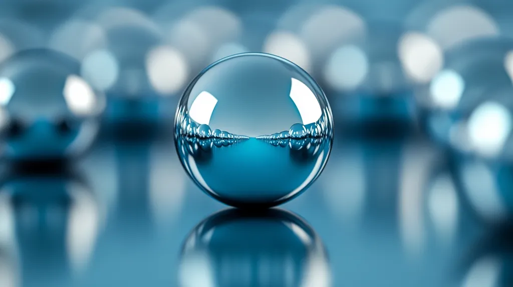 A highly polished, dark teal sphere sits in the foreground, perfectly reflecting a seemingly endless row of similar spheres receding into the background.  The background spheres are blurred, creating a depth of field effect. The overall image is clean, minimalist, and evokes a sense of symmetry and precision.