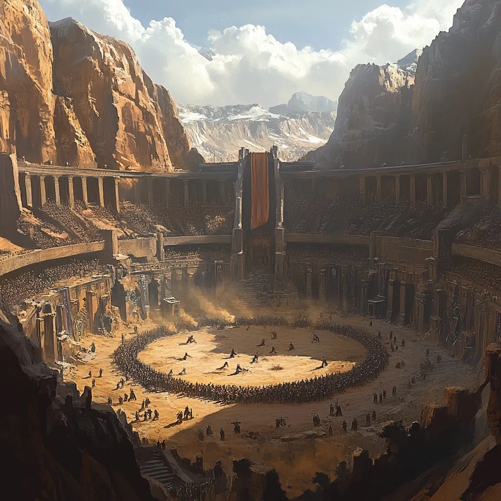 A vast, ancient arena, carved into a desert mountainside, is filled with spectators.  A large, central sand fighting pit hosts a battle between numerous combatants, watched by thousands.  The architecture is reminiscent of a Roman coliseum, but with a weathered, desert aesthetic.  Towering rock formations and snow-capped mountains frame the scene under a partly cloudy sky.  Dust hangs in the air, adding to the epic scale of the event.