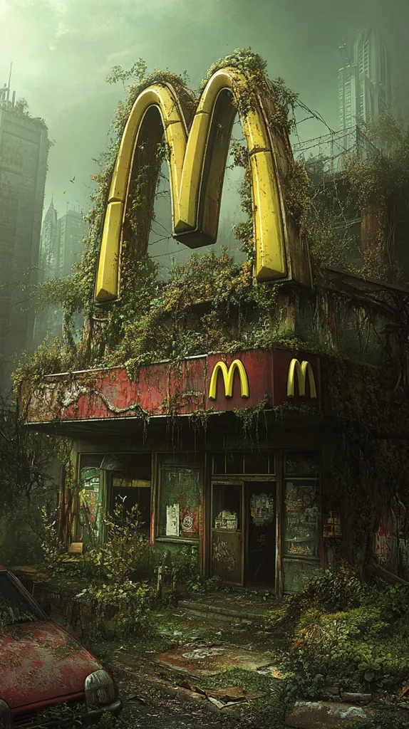 A digital painting depicts a dilapidated McDonald's restaurant overtaken by nature.  The iconic golden arches are heavily overgrown with vines and plants, while the building itself is weathered and decaying.  The surrounding environment is post-apocalyptic, with overgrown vegetation and a partially visible ruined cityscape in the background.  A rusty car sits abandoned near the entrance, enhancing the desolate atmosphere.