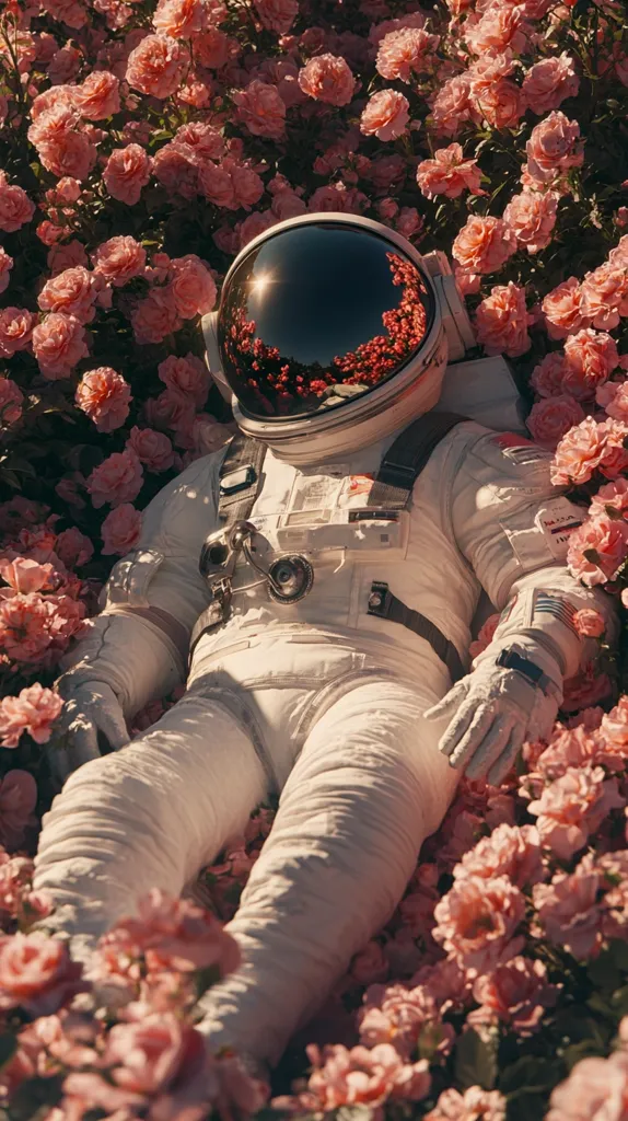 A white astronaut suit lies peacefully amidst a vibrant field of pink roses.  The astronaut's helmet reflects the surrounding blossoms and sunlight. The juxtaposition of the stark white spacesuit and the delicate, soft pink roses creates a striking and surreal image, suggesting a sense of tranquility and perhaps a contrast between the harshness of space and the beauty of Earth.