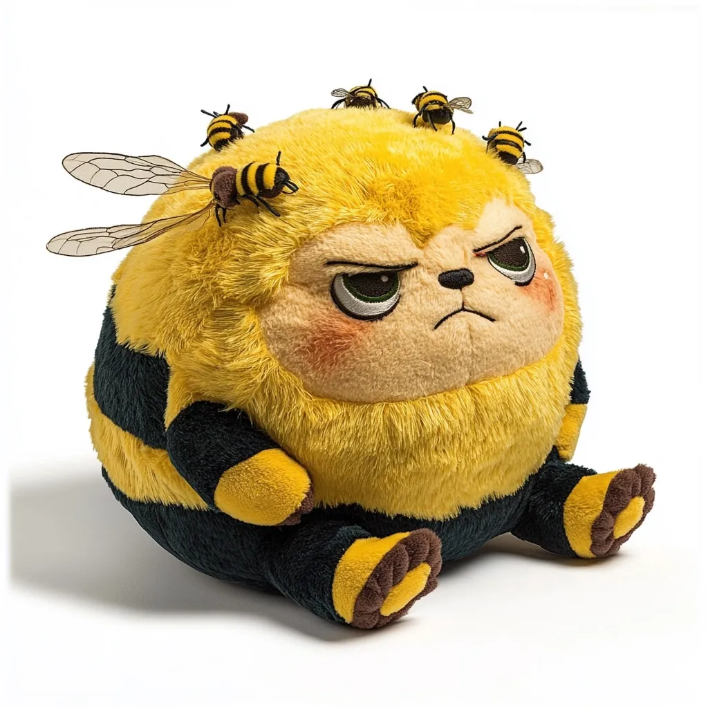 A round, plush toy resembling a grumpy bee is depicted.  Its yellow fur is adorned with several smaller bee plushies clinging to its head.  The main toy has dark, angry eyes and a scowling expression.  Its body is predominantly yellow with black stripes, resembling a bee's abdomen.  The overall texture appears soft and cuddly.
