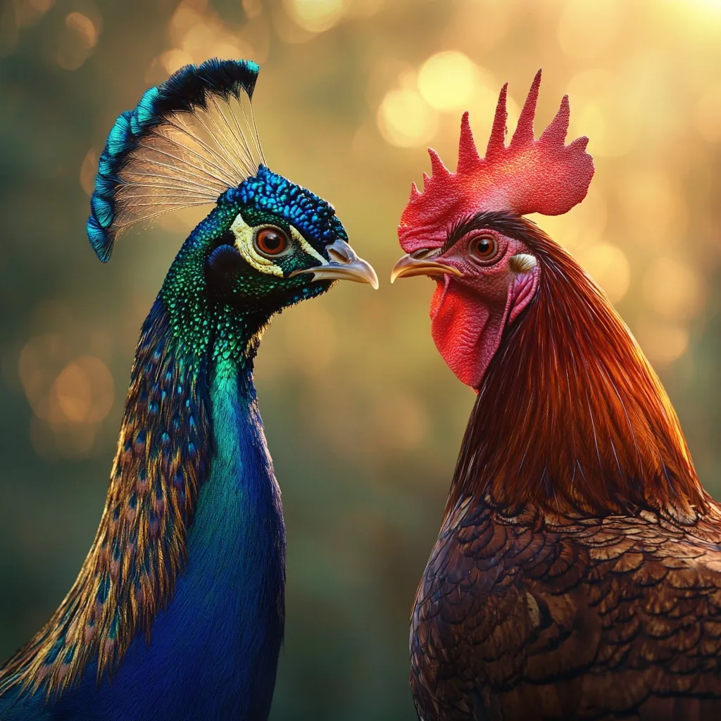 A vibrant peacock and a rooster face each other, their heads close together. The peacock's iridescent blue and green feathers contrast beautifully with the rooster's rich brown plumage and bright red comb.  The warm, golden light of the background enhances the birds' striking colors and creates a captivating scene of avian encounter.  Their expressions are alert and engaged, suggesting a moment of mutual observation.