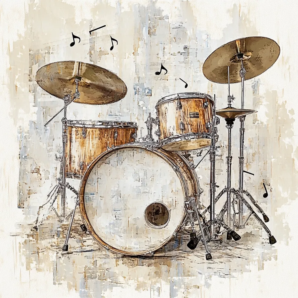A stylized painting depicts a drum kit, rendered in muted beige and brown tones.  The bass drum dominates the foreground, with smaller tom-toms and cymbals arranged around it.  Musical notes float in the background, adding a sense of rhythm and energy to the artistic representation of the percussion instrument. The style is reminiscent of a textured watercolor or sketch, with visible brushstrokes and a slightly abstract quality.