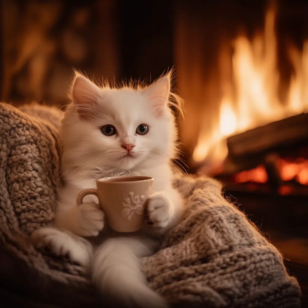 A fluffy white kitten sits nestled in a cozy knitted blanket, holding a small cup.  The warm glow of a fireplace provides a backdrop, creating a comforting and idyllic winter scene. The kitten's serene expression and the soft lighting contribute to a feeling of peace and tranquility.  It's a charming image of a pet enjoying a moment of warmth and coziness.