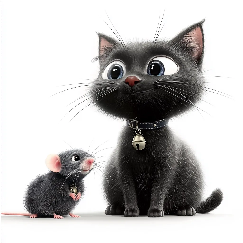 A charming illustration showcases a friendly-looking black kitten and a small gray mouse. Both animals are depicted with large, expressive eyes and wear tiny bells around their necks.  The kitten sits attentively, its gaze directed slightly towards the mouse, creating a sense of companionship.  The image is rendered in a cartoon style, emphasizing soft fur and rounded features, against a stark white background.