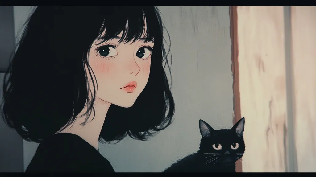 A stylized illustration features a young woman with short, dark hair, rosy cheeks, and large expressive eyes. She gazes pensively to her right, her expression serene yet slightly melancholic.  Beside her sits a black cat, also looking to the right, its gaze matching the woman's contemplative mood.  The muted color palette and soft lines contribute to the image's overall calm and wistful atmosphere.