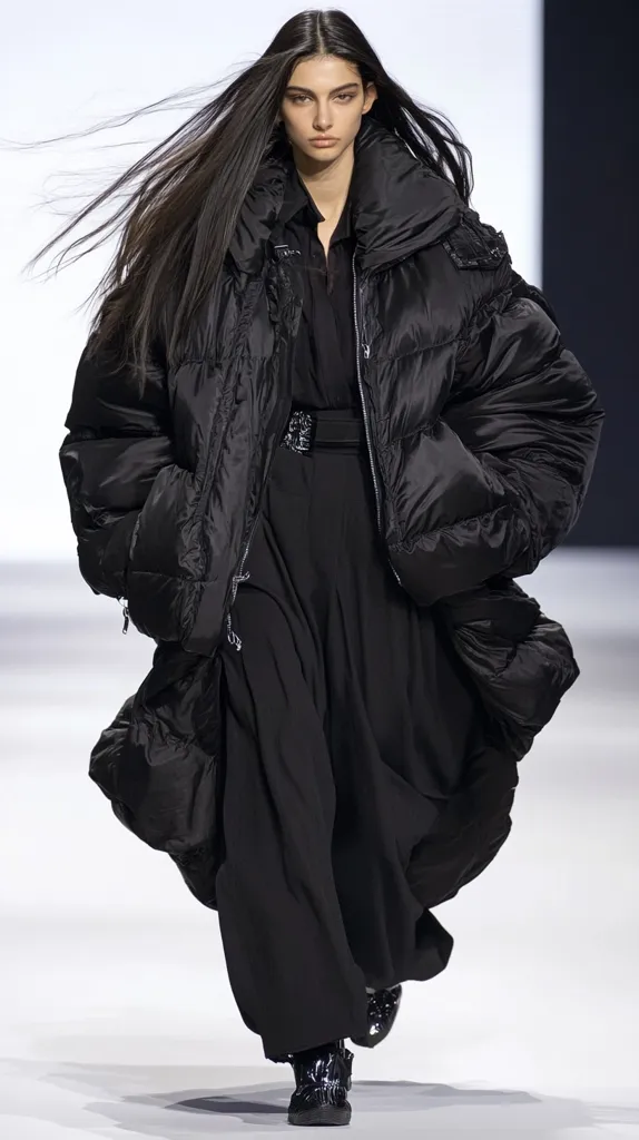 A model walks a runway in an oversized black puffer jacket and a long, flowing black skirt.  The jacket is voluminous and features a high collar. Her long, dark hair flows behind her. The overall look is monochromatic and dramatic, showcasing a contemporary, avant-garde style.  Black shoes complete the ensemble.