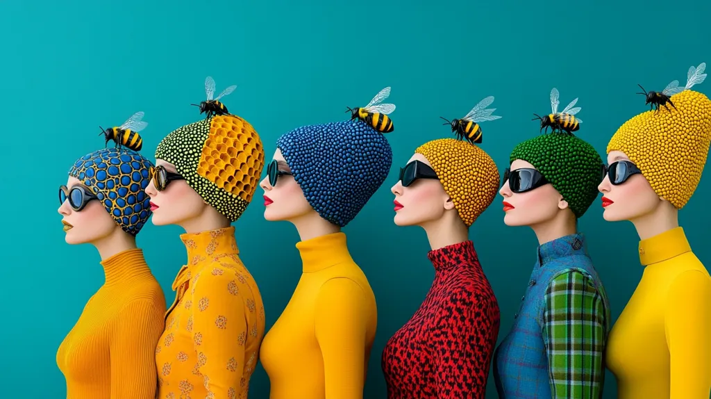 Five women stand in profile against a teal background, each wearing a colorful textured hat adorned with a bee.  Their hats are variations of yellow, orange, blue, green, and red, mimicking honeycomb patterns.  They all sport stylish sunglasses and matching yellow or similarly colored turtlenecks, creating a vibrant and surreal scene.