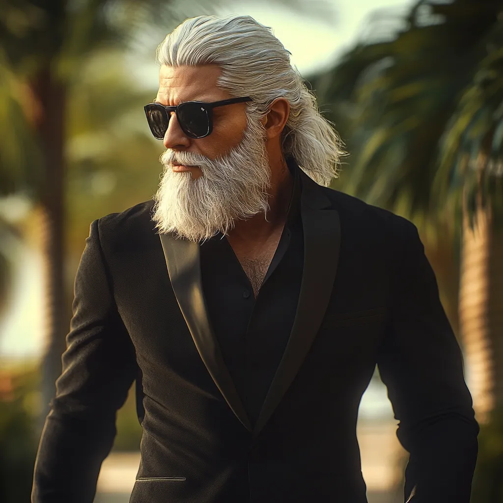 A mature man with long, flowing silver hair and a full white beard is stylishly dressed in a black tuxedo jacket.  He wears dark sunglasses and stands outdoors, with a blurred background suggesting a tropical or subtropical setting of palm trees. The lighting casts a warm glow on him, highlighting his features and the luxurious texture of his attire.  His expression is serious and contemplative.