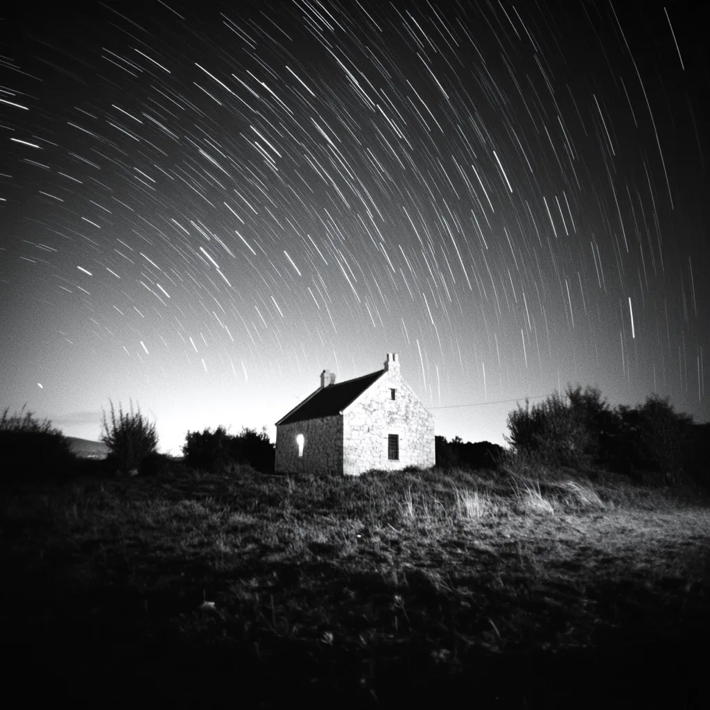 A monochrome long-exposure photograph captures a small, stone cottage nestled in a grassy field under a breathtaking night sky.  The stars create dramatic streaks of light, arcing across the frame, emphasizing the vastness of the cosmos above the solitary dwelling. The scene evokes a sense of peaceful isolation and the wonder of the natural world.