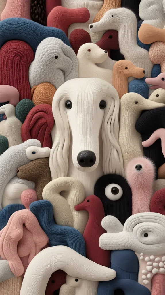 A close-up shot reveals a whimsical collection of knitted creatures.  A prominent Afghan hound, rendered in off-white, is centrally positioned, surrounded by a multitude of abstract forms and smaller animal-like figures in various pastel shades and textures. The overall effect is one of playful density and soft, tactile appeal.  The knitted texture is clearly visible throughout.