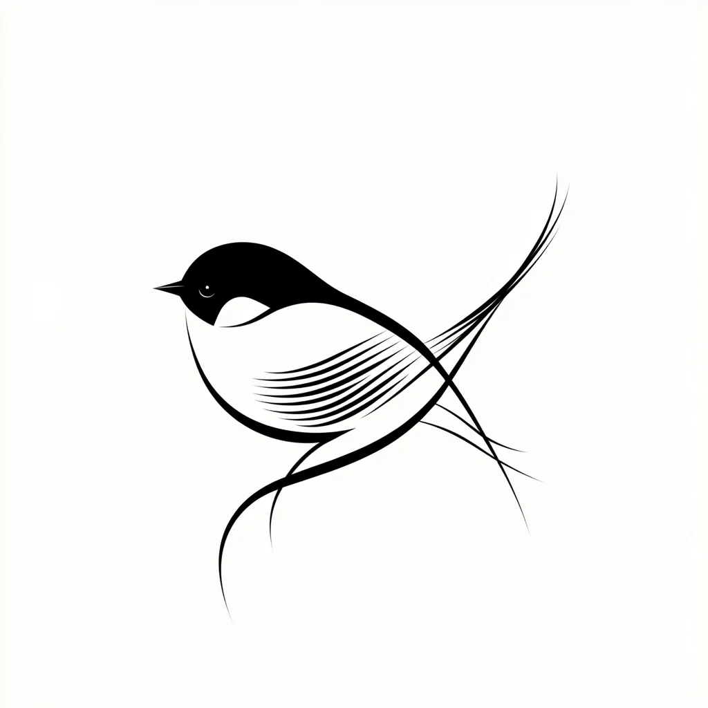 A stylized black and white illustration of a small bird.  The bird is depicted in a minimalist style, with its body formed by flowing lines and its tail feathers extending into elegant curves.  The overall effect is graceful and delicate, suggesting freedom and lightness. The image is set against a plain white background, emphasizing the bird's form.