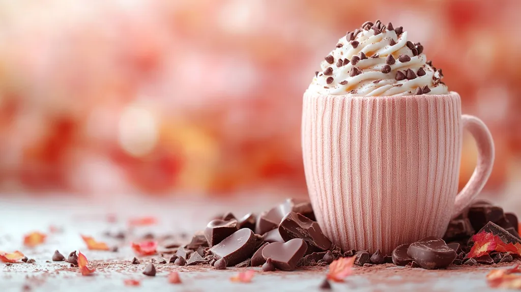 A pink ribbed mug filled with a creamy hot chocolate topped with chocolate chips sits on a table.  Surrounding the mug are heart-shaped chocolate pieces and chocolate shavings, scattered amongst cocoa powder and rose petals. The background is a blurred bokeh of warm, autumnal colors.  The scene is romantic and evokes feelings of warmth and comfort.