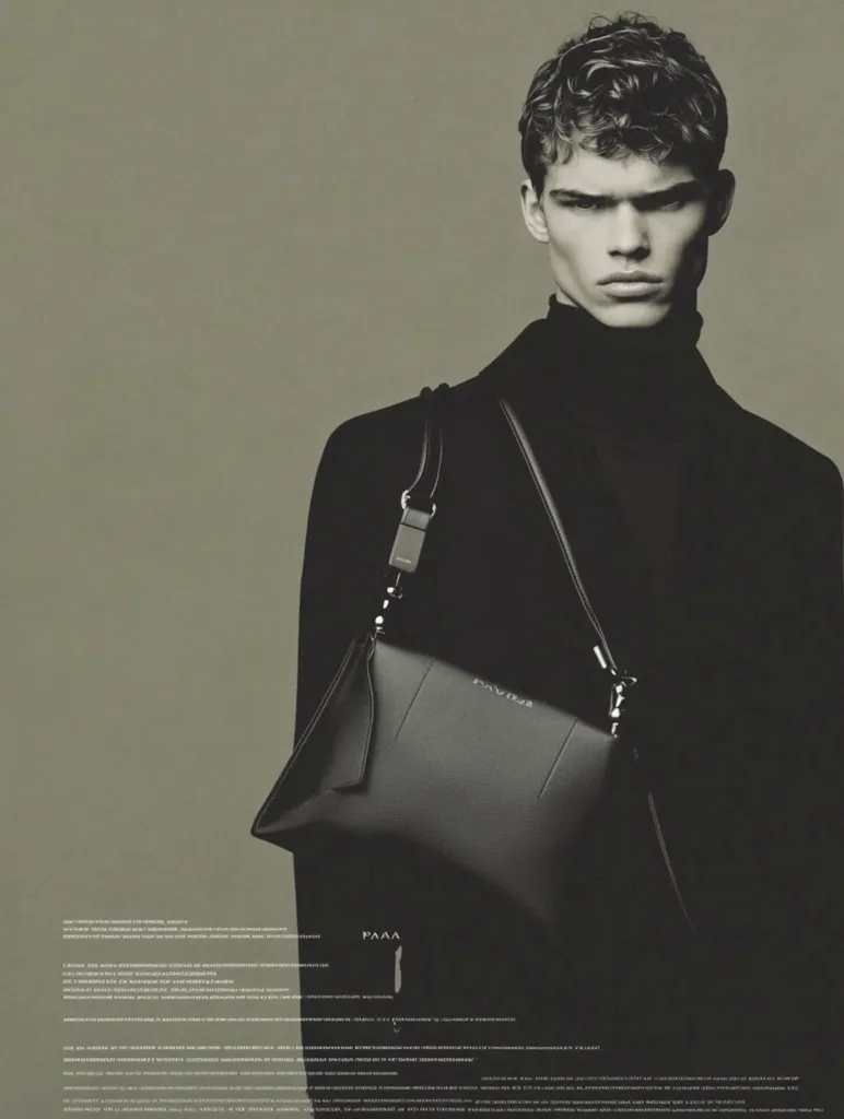 A monochromatic fashion advertisement features a young man with short, curly hair. He's dressed in a black turtleneck and jacket, and carries a sleek, black structured shoulder bag. The bag's brand is subtly displayed. The background is a muted olive-green. The overall aesthetic is minimalist and sophisticated, emphasizing clean lines and understated elegance.  Small text at the bottom provides additional information, likely brand details and website address.