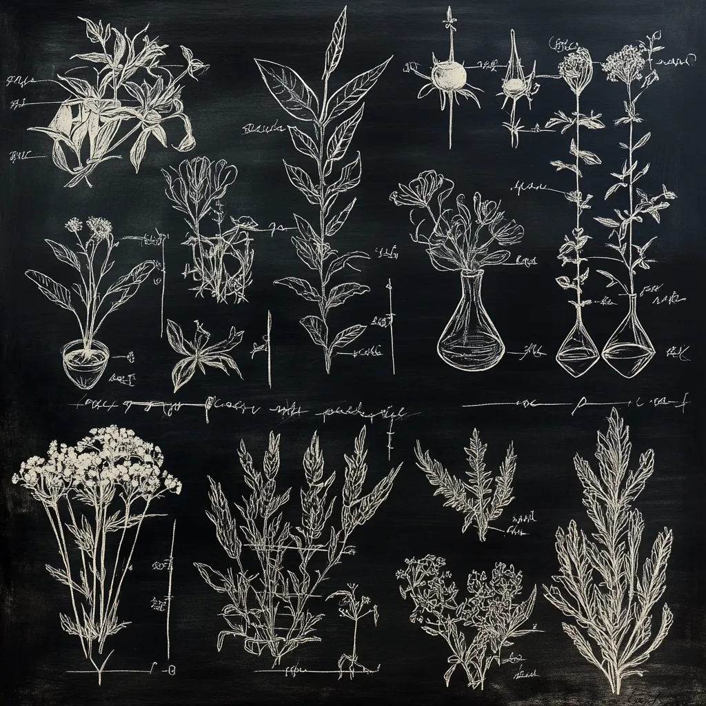 A dark chalkboard displays a collection of meticulously drawn botanical illustrations.  Various flowering plants and herbs are depicted, with labels and measurements suggesting a scientific or educational purpose.  The drawings, in chalk-white, feature detailed stems, leaves, and blossoms, arranged in a seemingly organized, possibly categorized, manner.  Some plants are shown in vases, adding a touch of artistic flair to the scientific presentation.