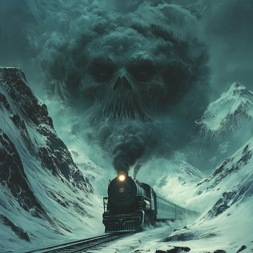 A steam train chugs through a snow-covered mountain pass, its dark plume forming a monstrous skull-like visage in the ominous, swirling clouds.  The chilling scene evokes a sense of dread and impending doom, the vast, icy landscape amplifying the feeling of isolation and vulnerability.  The spectral skull dominates the sky, casting a foreboding shadow over the journey.