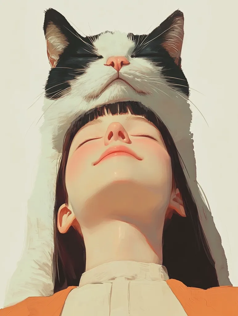 A stylized illustration depicts a young girl lying on her back, serenely gazing upwards.  A tuxedo cat rests atop her head, its eyes closed in peaceful repose, mirroring the girl's calm expression.  The soft lighting and muted color palette create a gentle, dreamy atmosphere.  The girl's dark hair flows around her, while she wears a light beige top and an orange jacket. The image evokes a sense of tranquility and companionship.