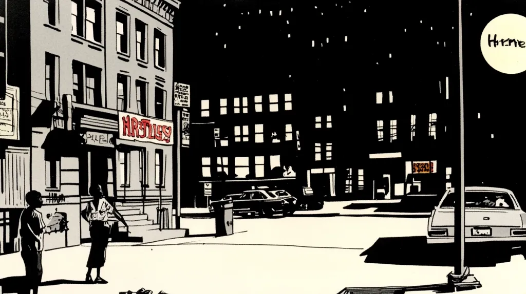 A black and white illustration depicts a city street at night. Two-story buildings line the street, one displaying a red "HRSTUSSY" sign.  Two figures stand on the sidewalk near the building. Cars are parked on the street. A lamppost stands tall, and the sky is dark. The overall style is stark and graphic, reminiscent of a graphic novel.