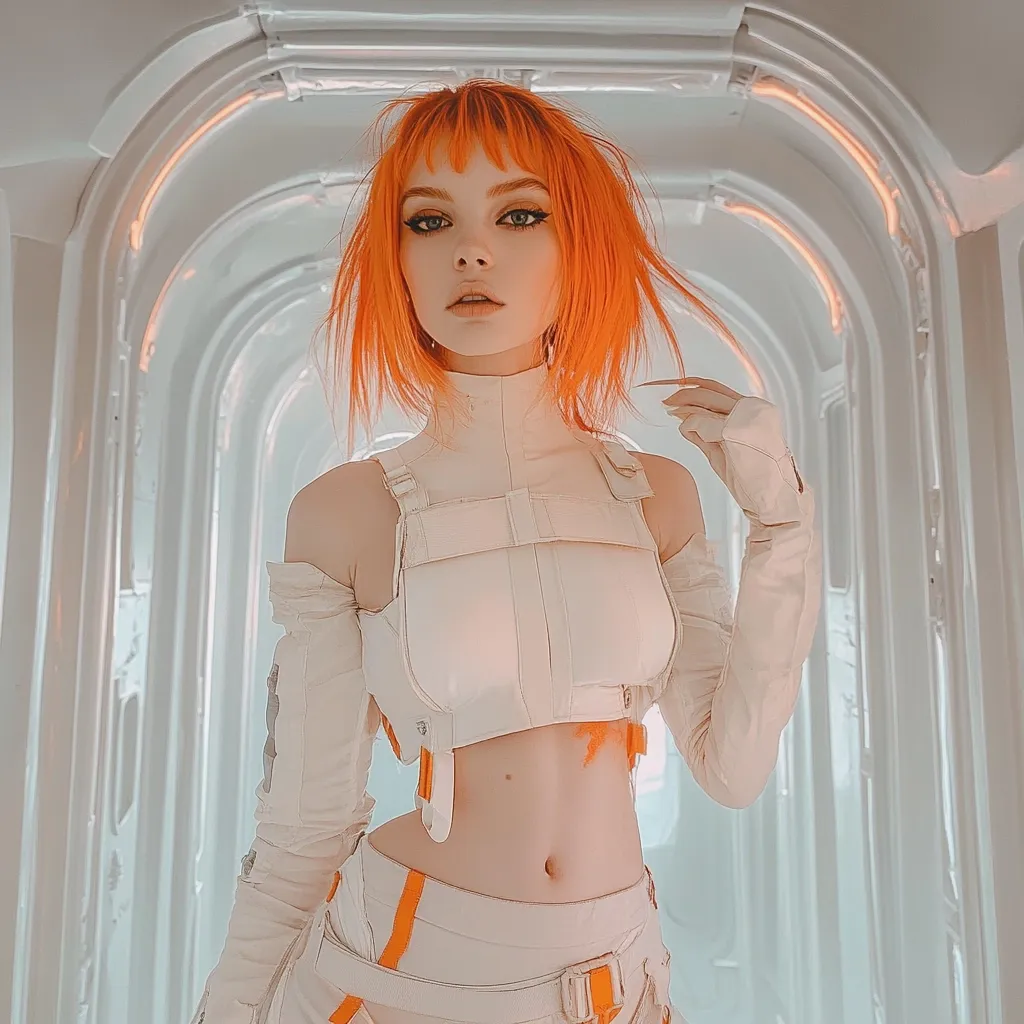 A young woman with vibrant orange, short, choppy hair poses in a futuristic, off-white outfit. The costume features a cropped top and matching pants with orange accents.  She stands in a minimalist, white, arched hallway, creating a stark contrast against her bold hair color. Her expression is serious and confident. The overall aesthetic is stylish and slightly dystopian.