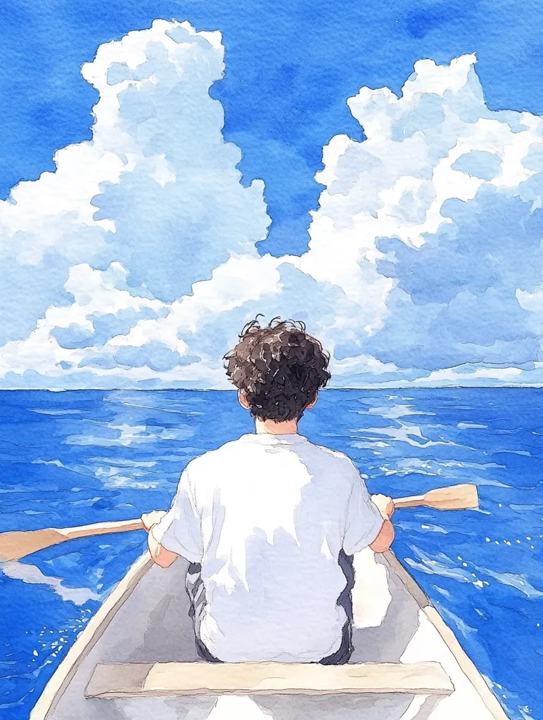 A watercolor painting depicts a person from behind, rowing a small boat across a vibrant blue ocean.  Fluffy white clouds fill a bright blue sky above. The scene is peaceful and serene, suggesting a solitary journey on a calm, sunny day. The artist's loose brushstrokes create a light and airy atmosphere.