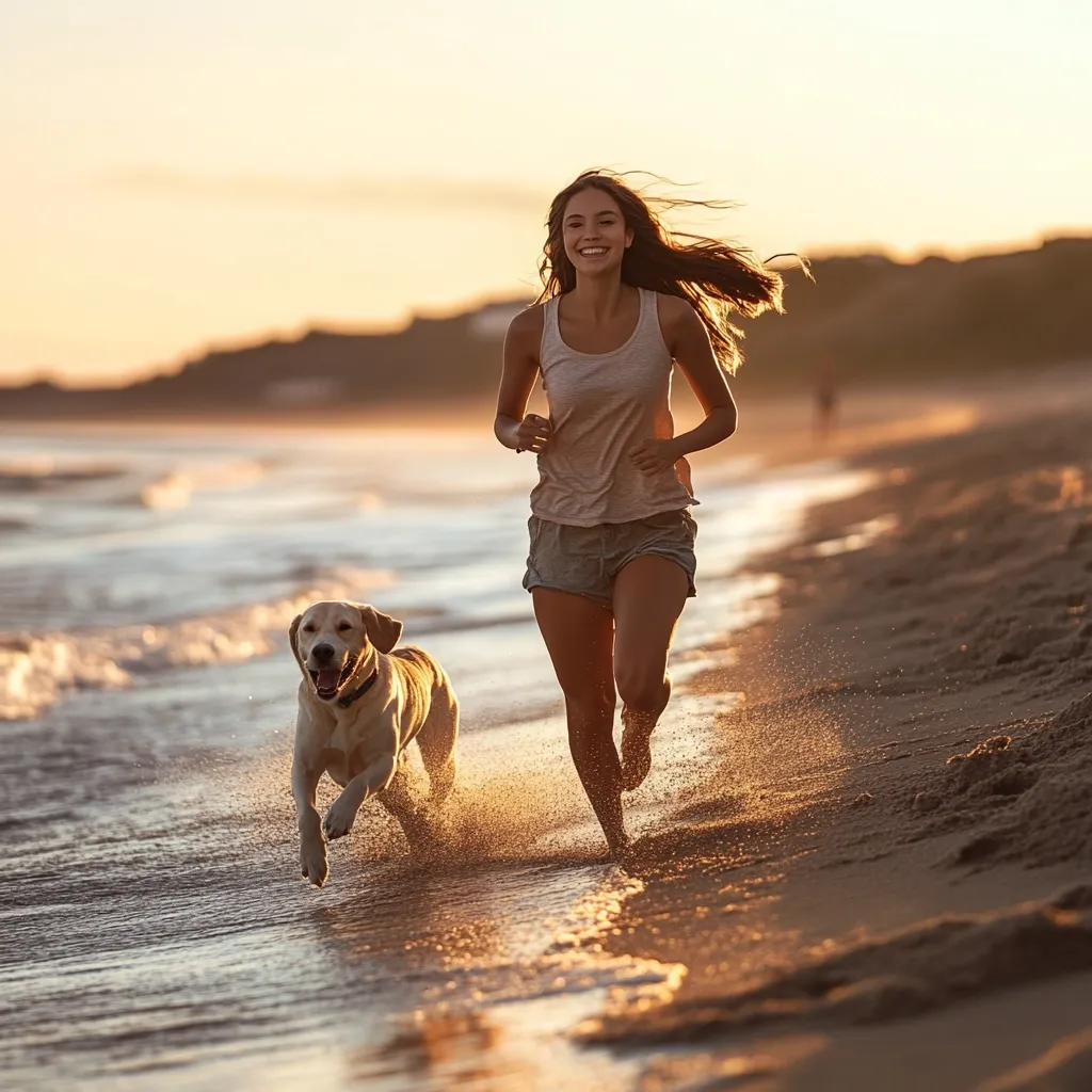A young woman smiles joyfully as she runs along a sandy beach at sunset, her faithful Labrador retriever bounding happily beside her.  The warm golden light illuminates the scene, creating a vibrant and carefree atmosphere.  The ocean waves gently lap the shore as the pair enjoy their evening run.