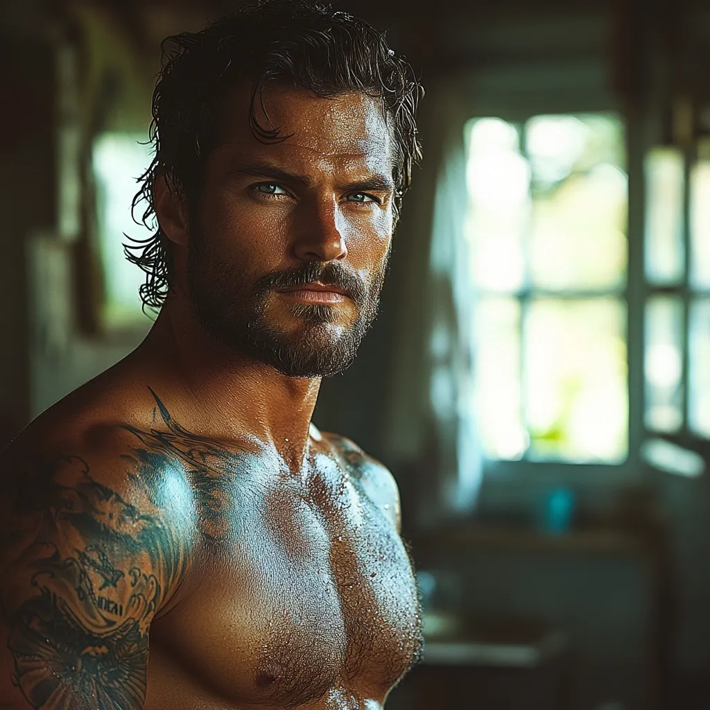 A shirtless man with dark hair and a beard stands in a dimly lit room.  He has a tattoo on his left shoulder and his chest is glistening with sweat. His intense gaze is directed at the viewer.  The background is blurred, showing a window with natural light filtering through.  The overall mood is sensual and brooding.