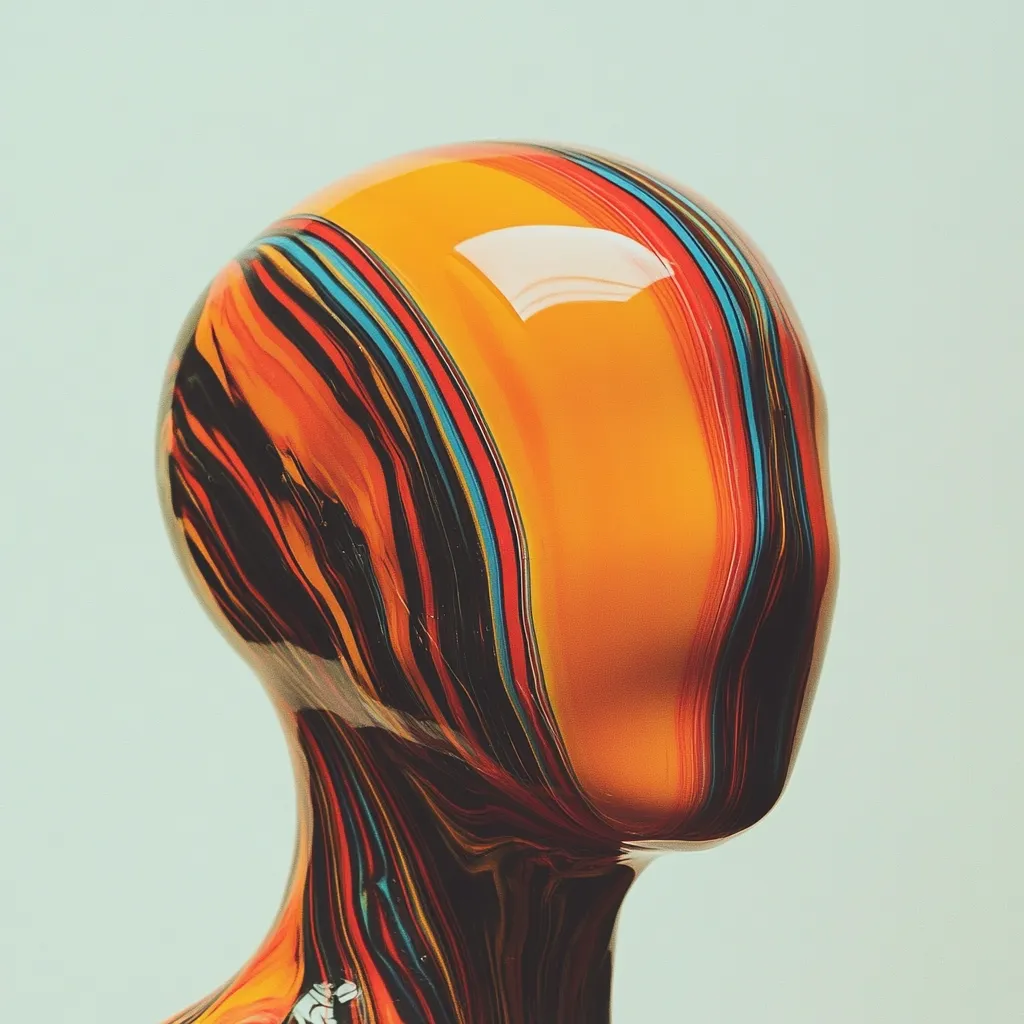 A head and shoulders mannequin is coated in vibrant, swirling paint.  The dominant color is a rich orange, overlaid with streaks of black, red, teal, and yellow. The paint's glossy finish gives the illusion of depth and movement, creating a striking visual effect against a muted background. The overall impression is one of fluidity and artistic expression.