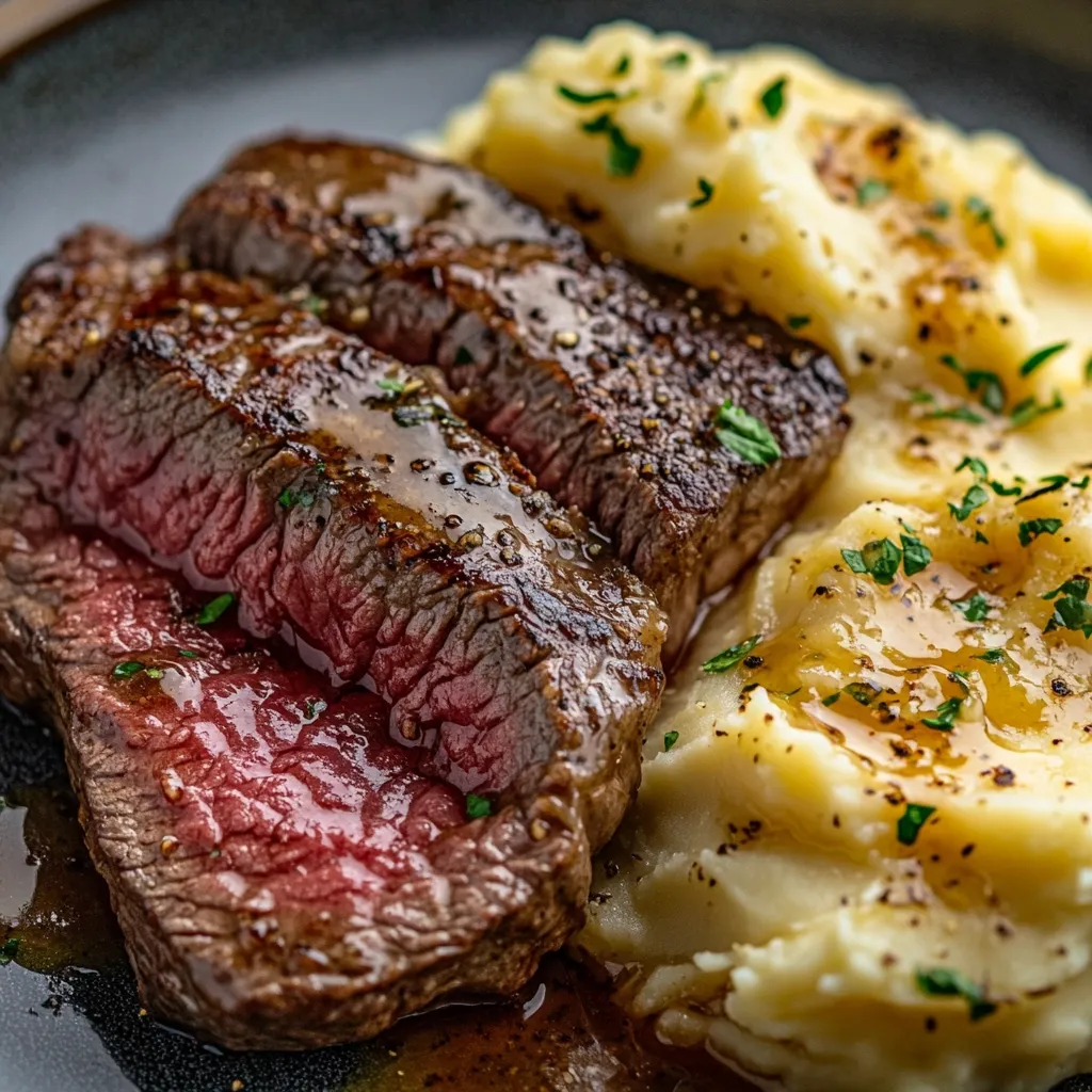 A close-up shot showcases three succulent slices of grilled steak, glistening with a rich, savory gravy.  The meat is beautifully browned and rests atop a generous mound of creamy mashed potatoes, also drizzled with gravy and sprinkled with fresh parsley.  The image highlights the textures and colors of the delicious meal.