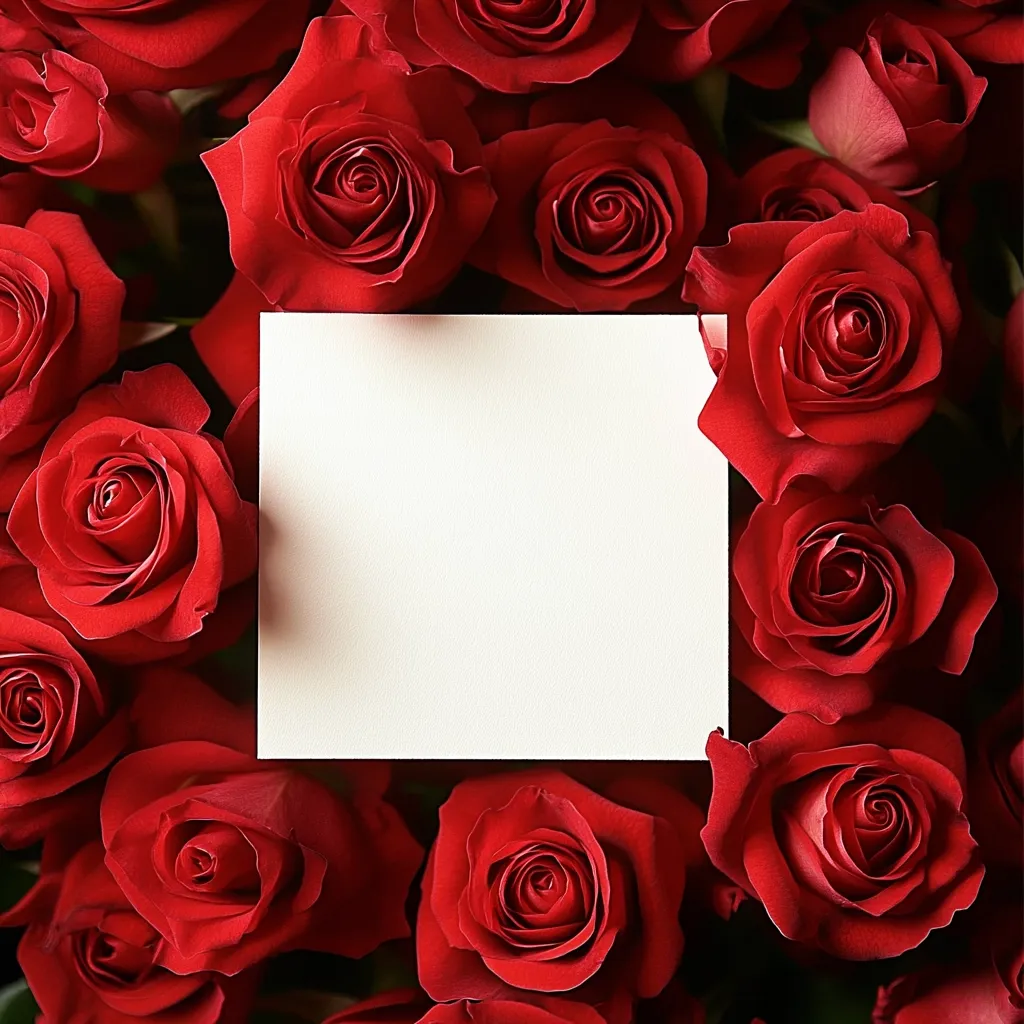 A blank, off-white card is nestled amongst a profusion of deep red roses.  The roses completely surround the card, creating a vibrant and romantic border. The image is a close-up, emphasizing the velvety texture of the petals and the rich color of the blooms.  The overall impression is one of elegance and affection, perfect for a romantic message or greeting.