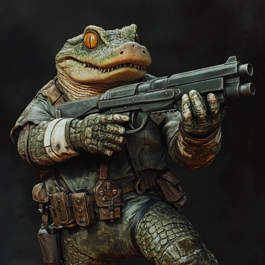 A digital rendering showcases an anthropomorphic crocodile soldier, clad in a weathered military uniform.  The crocodile's expressive eyes are accentuated by its serious demeanor.  It grips a futuristic shotgun, its scaled hands and protective gear suggesting a hardened combatant. The dark background emphasizes the figure's detailed textures and weaponry.