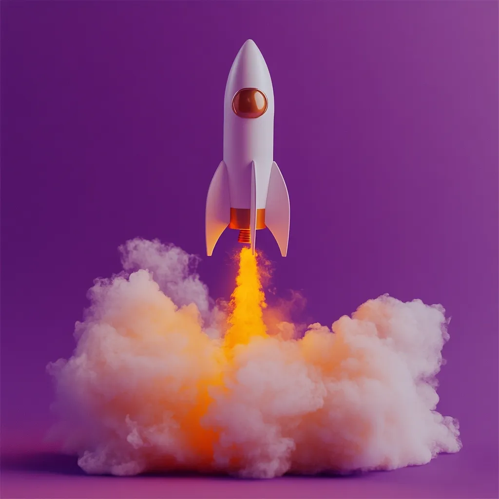 A stylized white rocket ascends against a vibrant purple backdrop, leaving a trail of vibrant orange-yellow smoke resembling a fluffy cloud.  The rocket is sleek and minimalist, with a copper-colored engine detail. The image evokes a sense of launch, innovation, and rapid growth.  The contrast between the rocket and background creates a dynamic and visually striking composition.