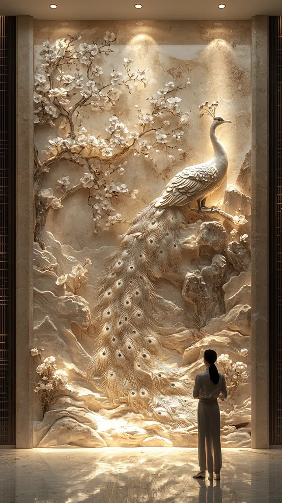 A stunning 3D wall sculpture depicting a white peacock perched amidst blossoming cherry branches. The intricate relief work is rendered in creamy beige tones, creating a sense of depth and texture.  The peacock's tail feathers spread luxuriously, adding to the overall elegance. A woman stands admiring the artwork, showcasing its impressive scale and artistry. The scene is softly lit, enhancing the sculpture's beauty.