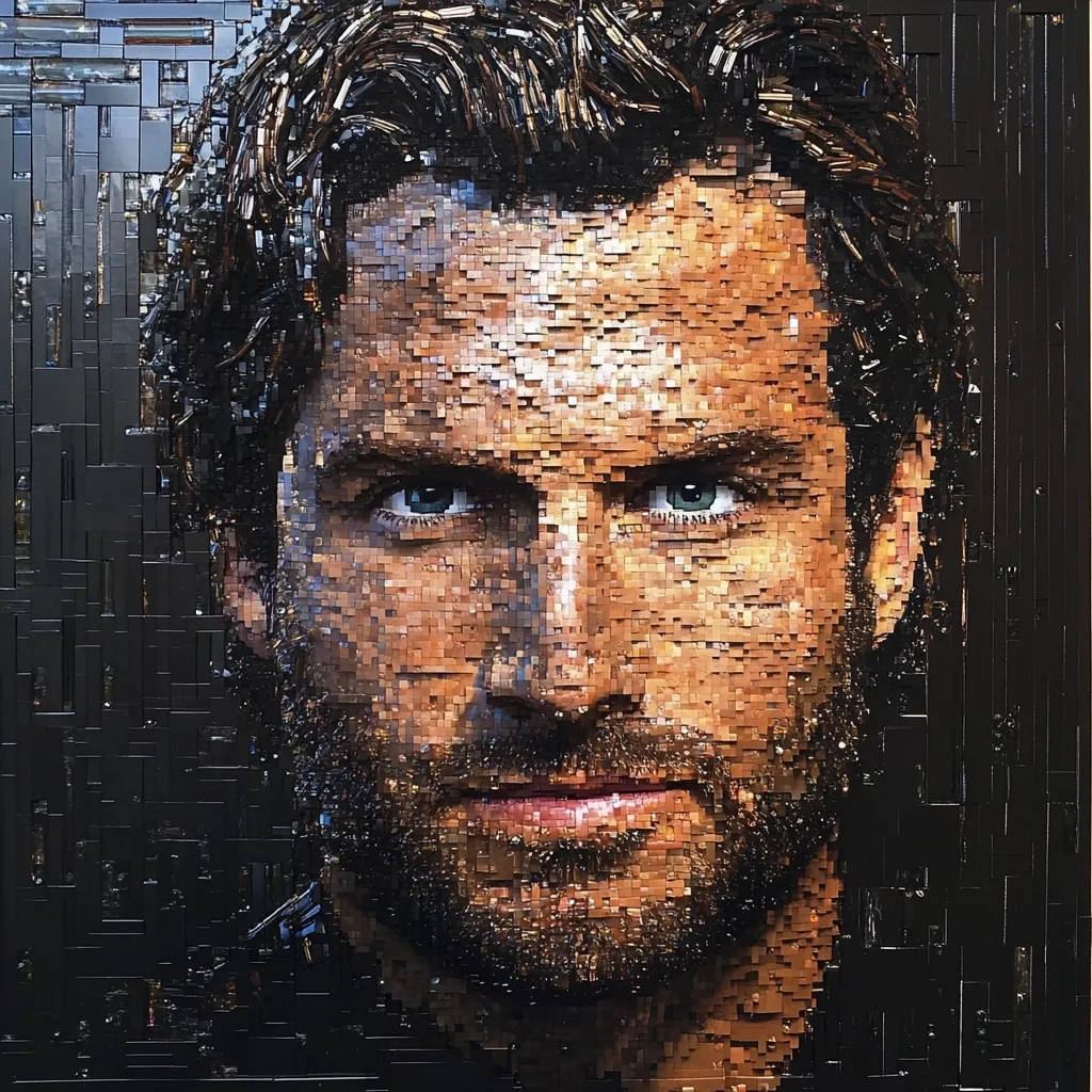 A striking mosaic portrait of a man, possibly Jake Gyllenhaal, is constructed from numerous small, square pieces.  The artist uses a range of brown and black tones to depict the subject's facial features, hair, and beard with remarkable detail. The background is a dark, textured contrast to the lighter mosaic portrait. The overall effect is both realistic and texturally intriguing.